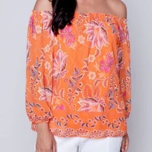 CARRE NOIR Orange off the shoulder top